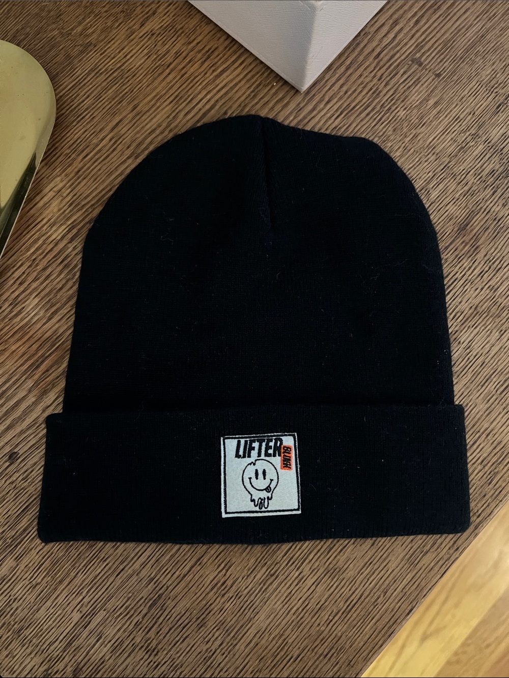 LIFTER BLINK Black Knit Beanie with Smiley Patch